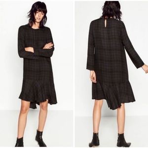 ZARA Dark Plaid Long Sleeve Flounce Ruffle Hem Dress | SZ S